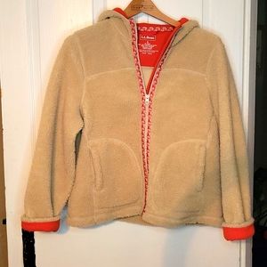 LL Bean Tan Berber Fleece with Red/Orange Trim - Size Small